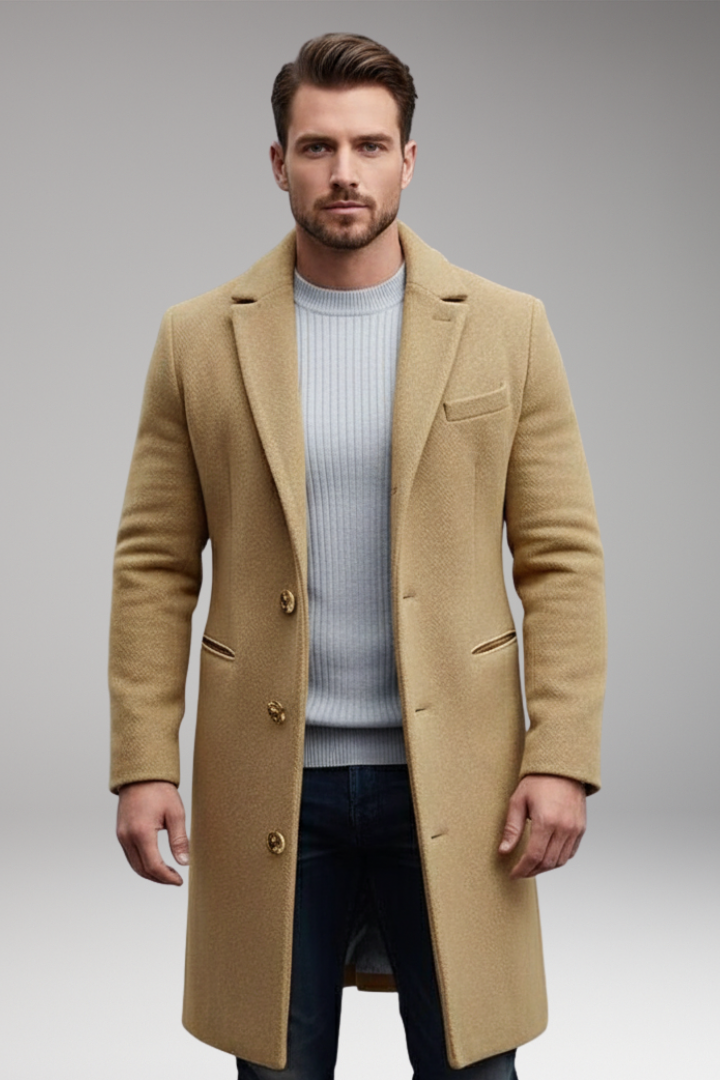 Men’s Long Coat with Lapel Collar and Front Button Closure