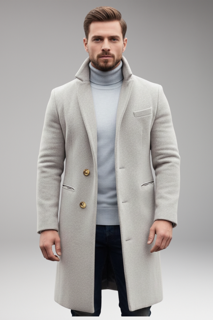 Men’s Long Coat with Lapel Collar and Front Button Closure