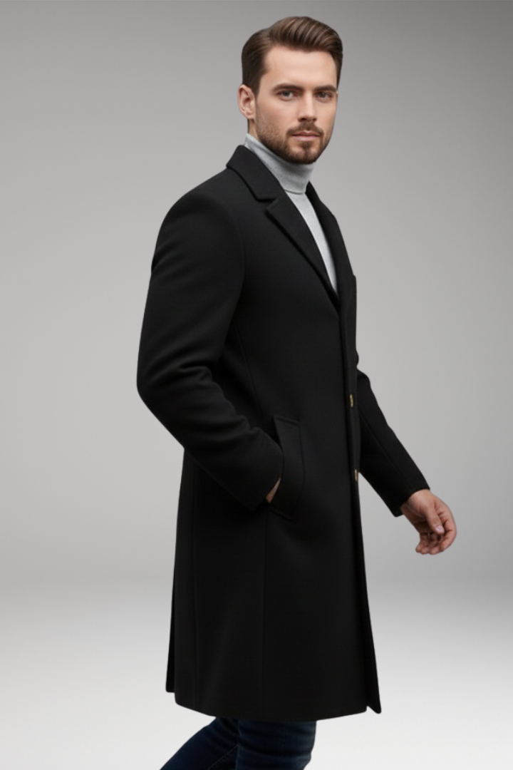 Men’s Long Coat with Lapel Collar and Front Button Closure