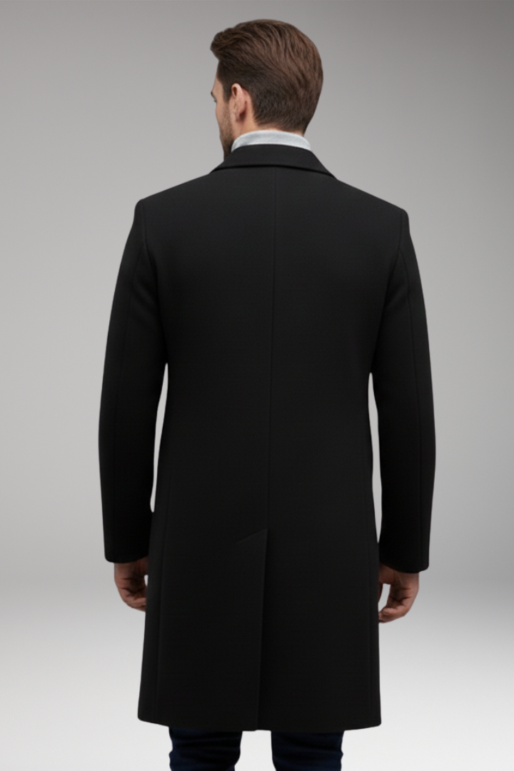 Men’s Long Coat with Lapel Collar and Front Button Closure