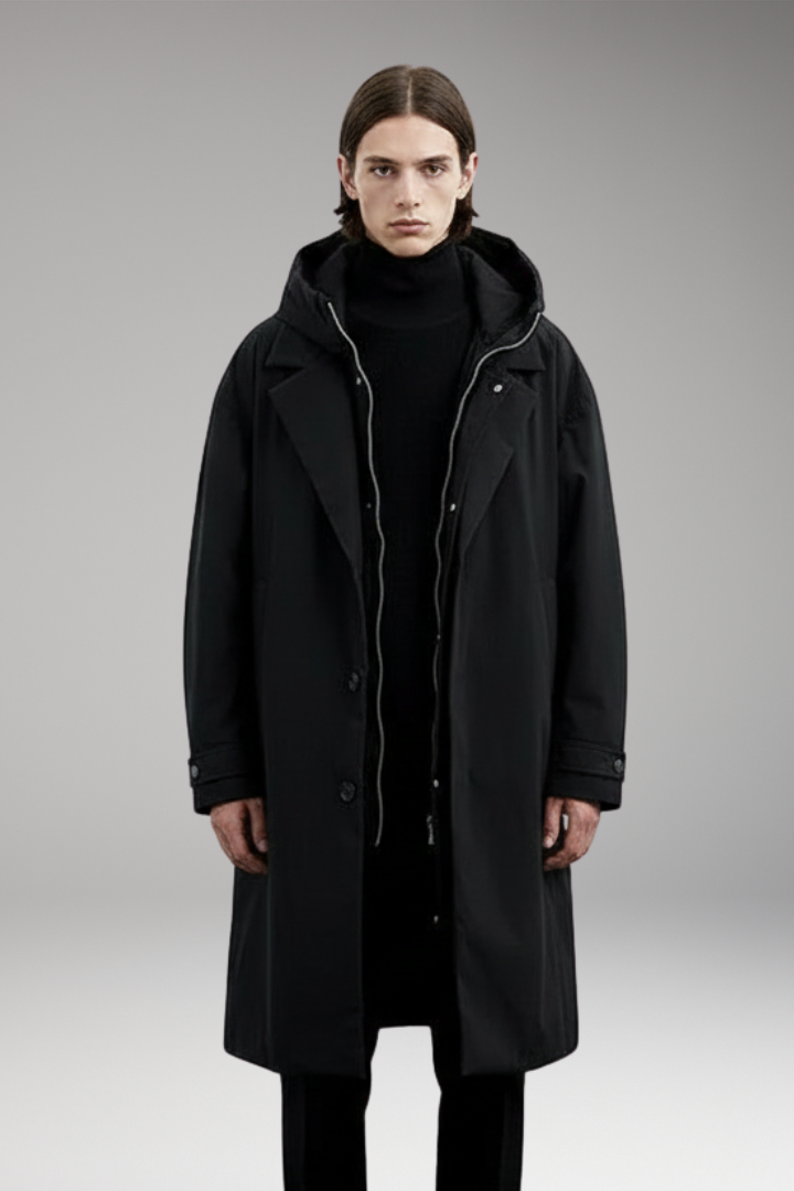 Men’s Long Puffer Coat with Hood and Outer Shell for Daily Use