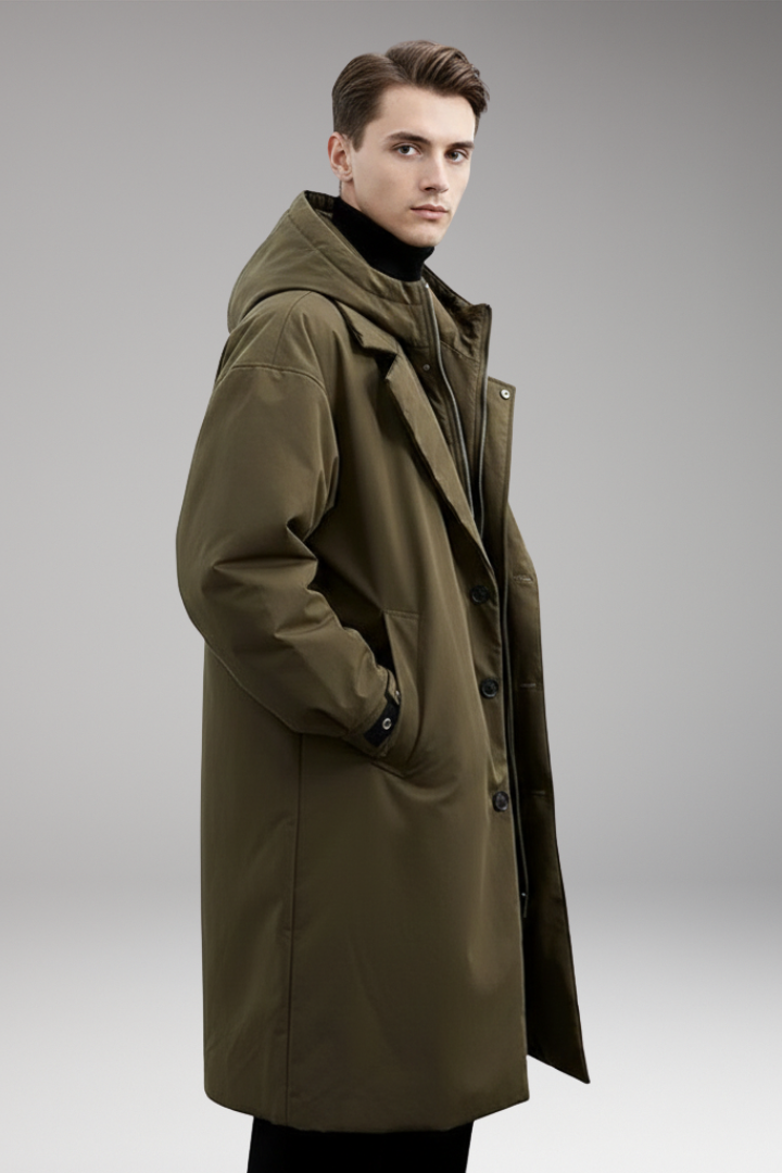 Men’s Long Puffer Coat with Hood and Outer Shell for Daily Use