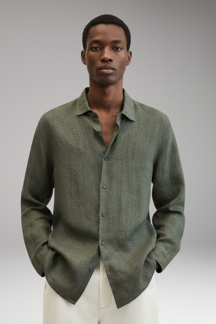Men’s Long Sleeve Shirt with Lapel Collar and Button Closure