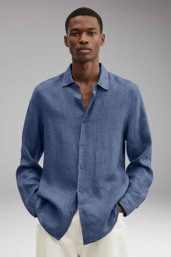Men’s Long Sleeve Shirt with Lapel Collar and Button Closure