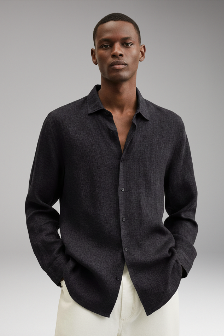 Men’s Long Sleeve Shirt with Lapel Collar and Button Closure