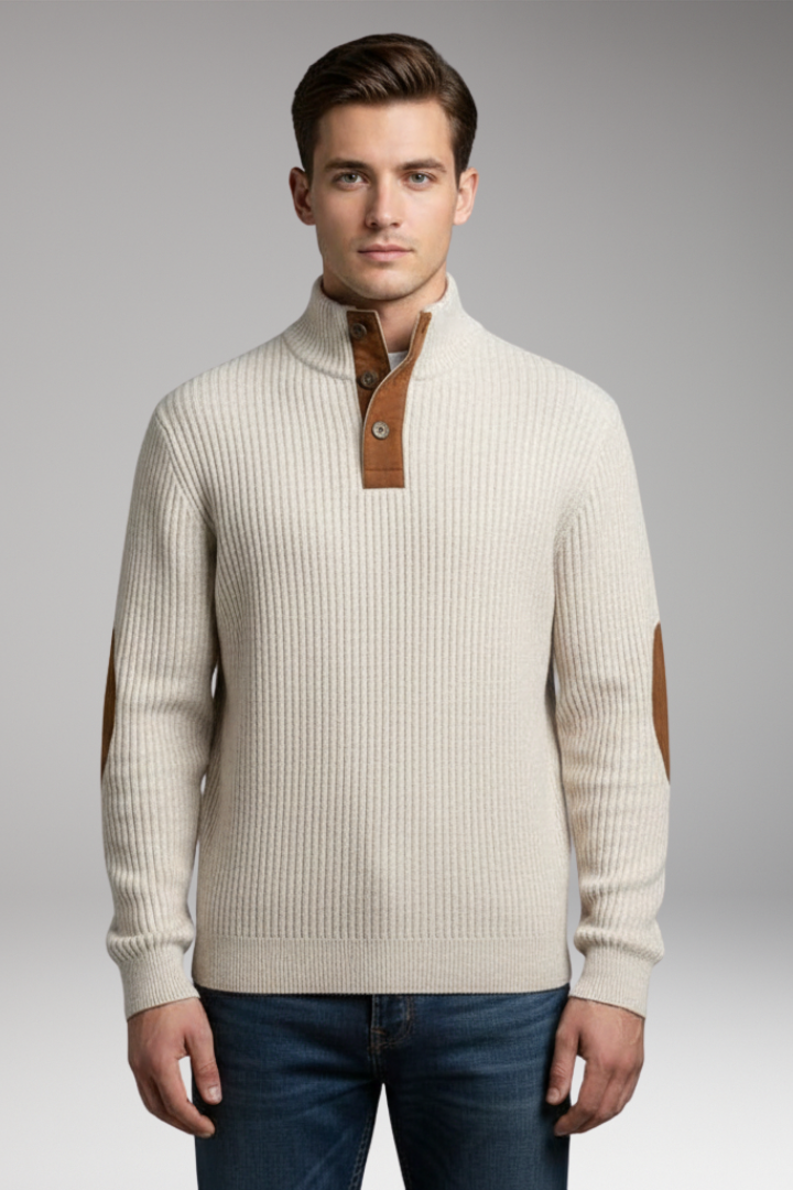 Men’s Pullover with Button Neck and Elbow Patch Detail