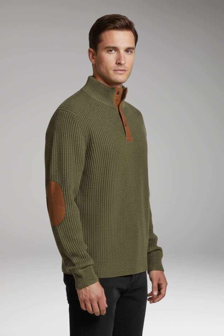 Men’s Pullover with Button Neck and Elbow Patch Detail