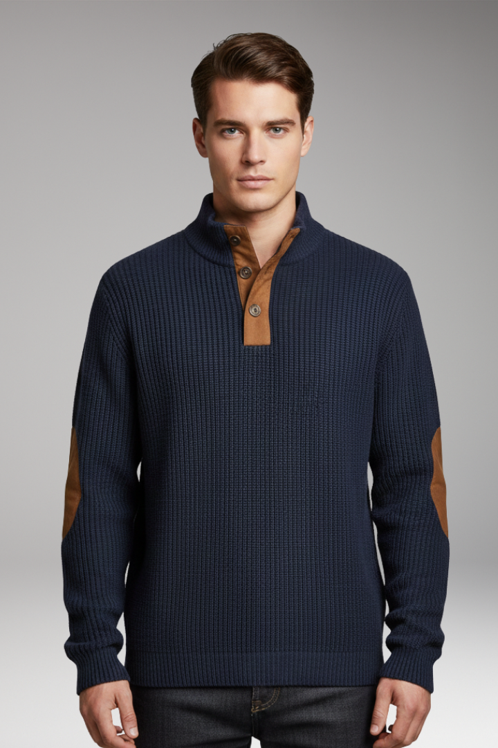 Men’s Pullover with Button Neck and Elbow Patch Detail