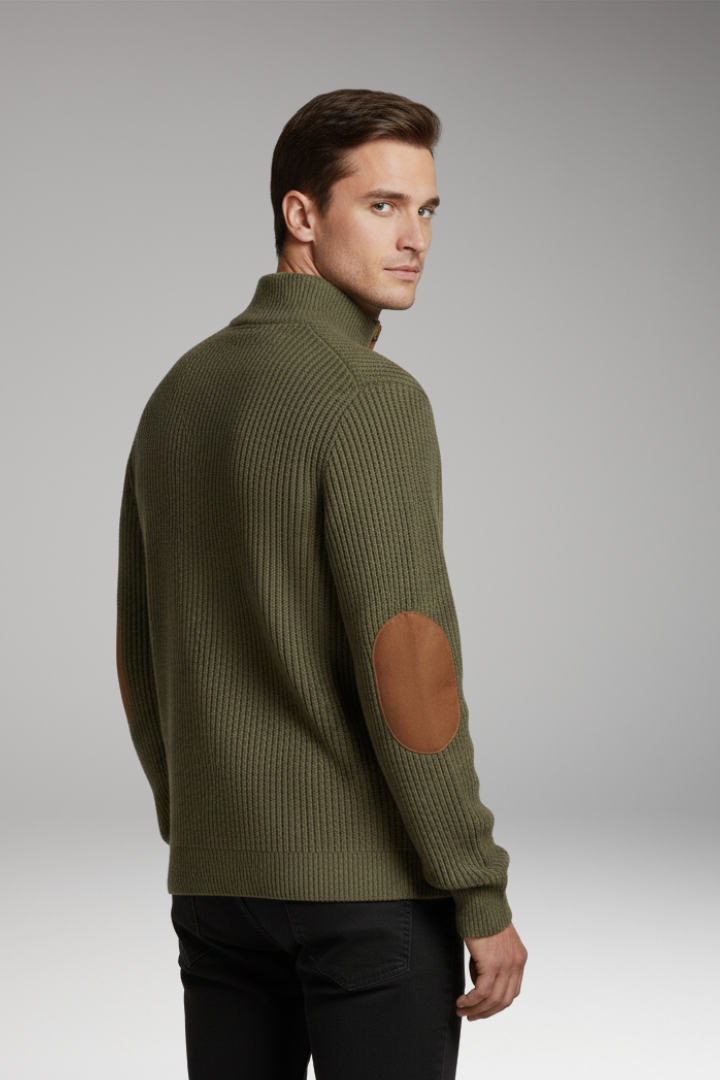 Men’s Pullover with Button Neck and Elbow Patch Detail