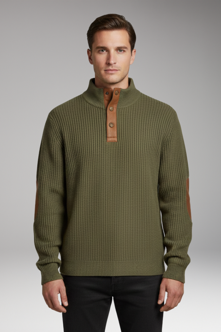 Men’s Pullover with Button Neck and Elbow Patch Detail