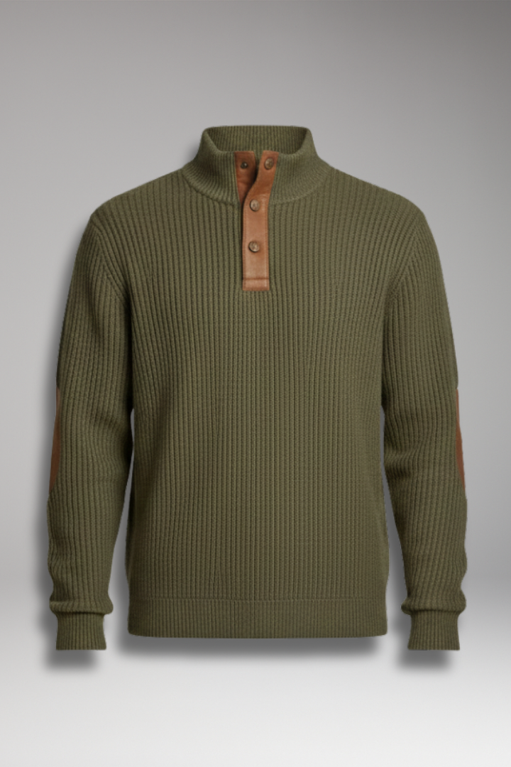 Men’s Pullover with Button Neck and Elbow Patch Detail