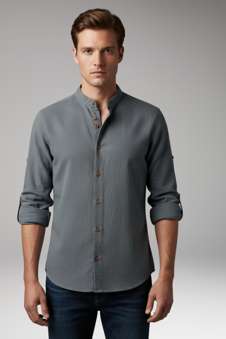 Men's Shirt with Stand Collar and Button Front