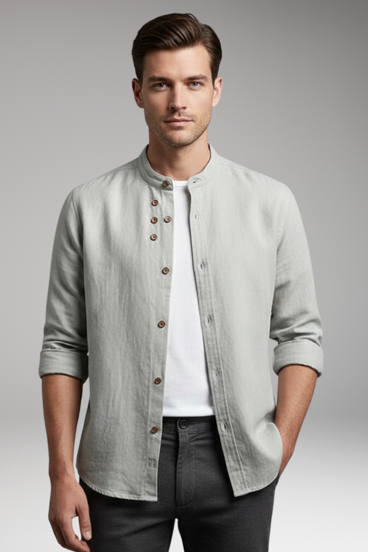 Men's Shirt with Stand Collar and Button Front