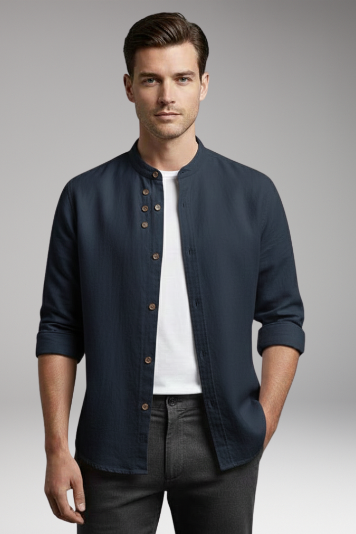 Men's Shirt with Stand Collar and Button Front