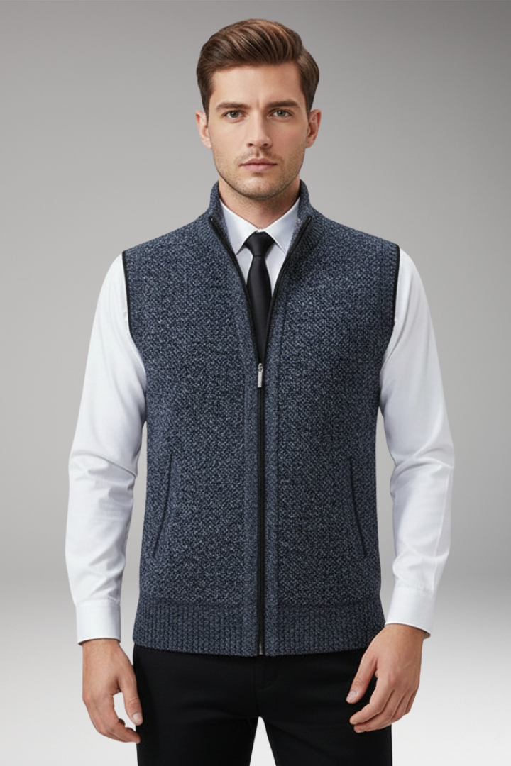 Men’s Sleeveless Knitted Vest with Stand Collar and Plain Surface