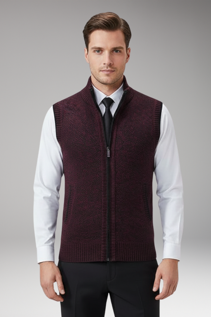 Men’s Sleeveless Knitted Vest with Stand Collar and Plain Surface
