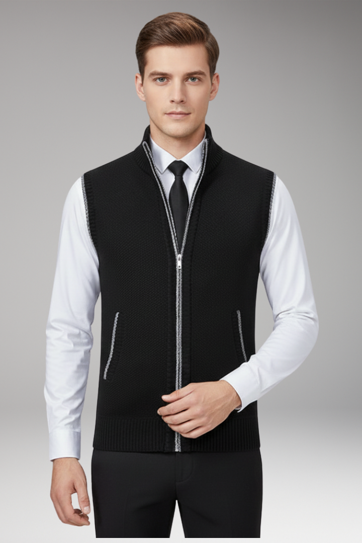Men’s Sleeveless Knitted Vest with Stand Collar and Plain Surface