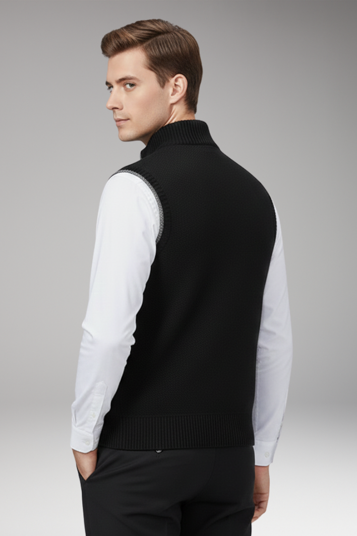 Men’s Sleeveless Knitted Vest with Stand Collar and Plain Surface