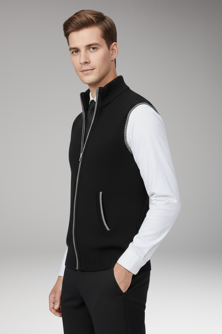 Men’s Sleeveless Knitted Vest with Stand Collar and Plain Surface