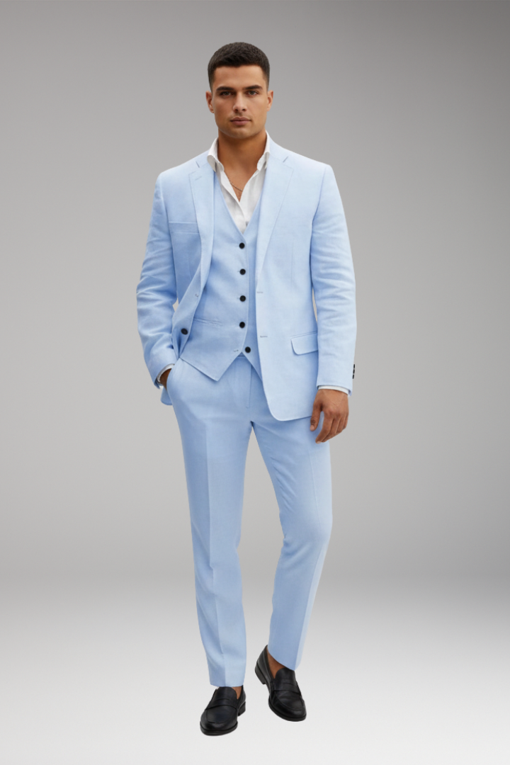 Men’s Three-Piece Suit with Buttoned Jacket and Waistcoat