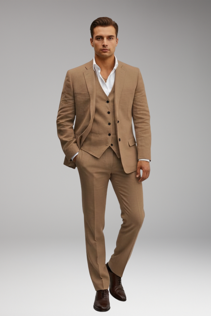 Men’s Three-Piece Suit with Buttoned Jacket and Waistcoat