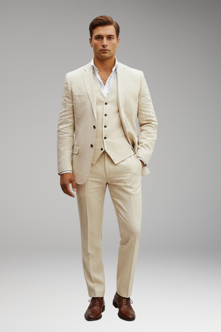 Men’s Three-Piece Suit with Buttoned Jacket and Waistcoat