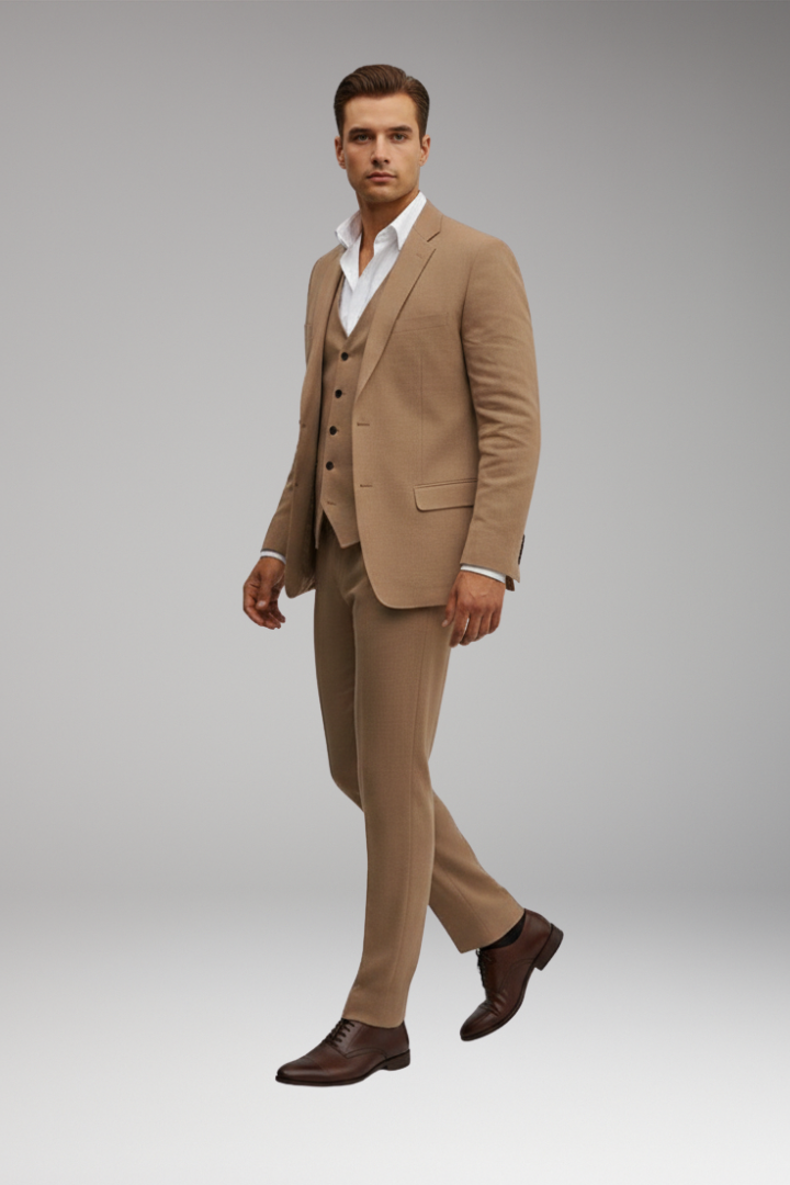 Men’s Three-Piece Suit with Buttoned Jacket and Waistcoat