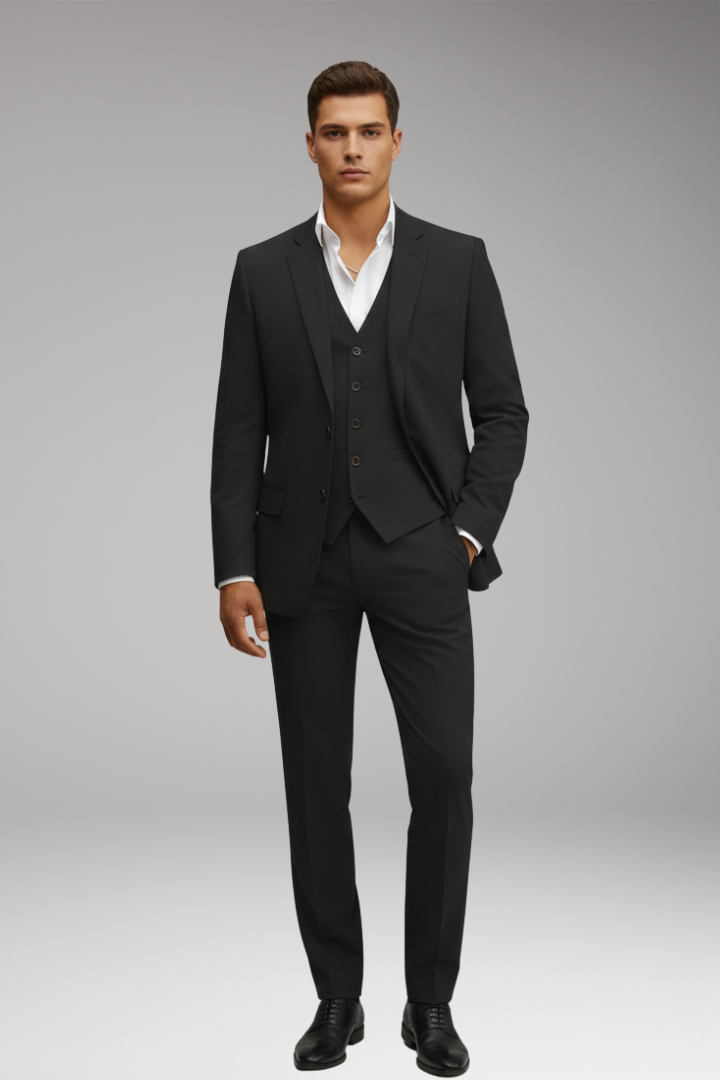 Men’s Three-Piece Suit with Buttoned Jacket and Waistcoat