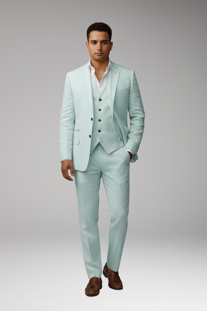 Men’s Three-Piece Suit with Buttoned Jacket and Waistcoat