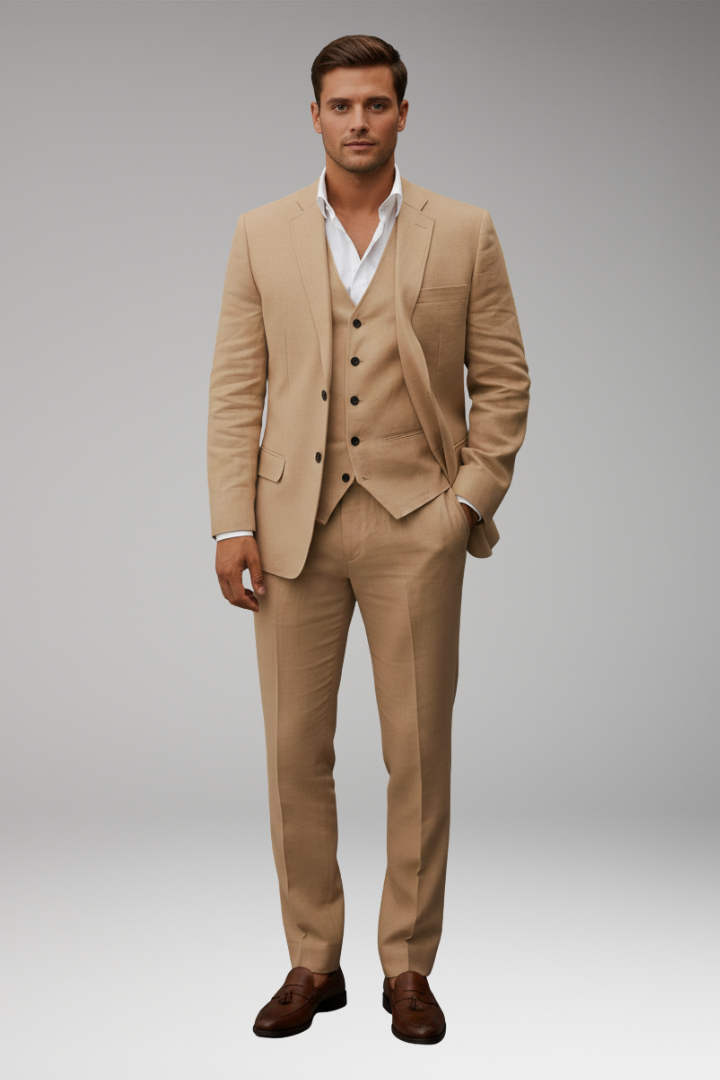 Men’s Three-Piece Suit with Notch Lapel and Two-Button Front