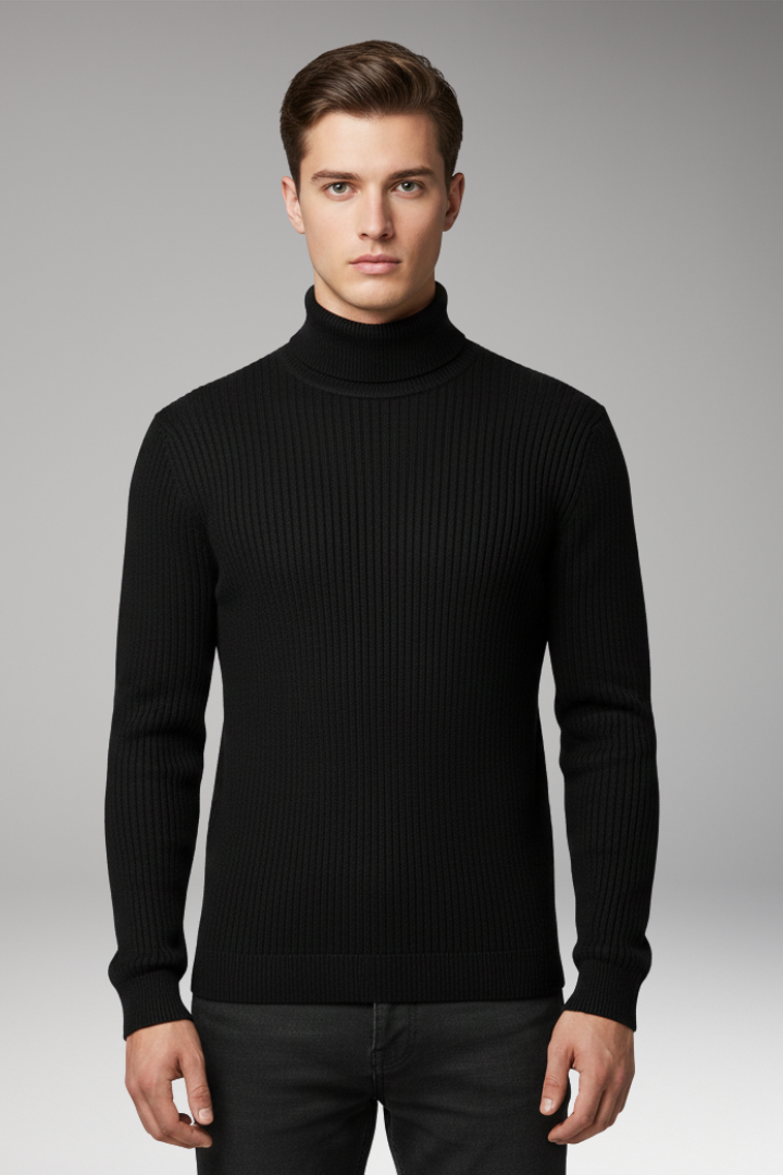 Men’s Turtleneck Pullover with Ribbed Cuffs and Straight Hem