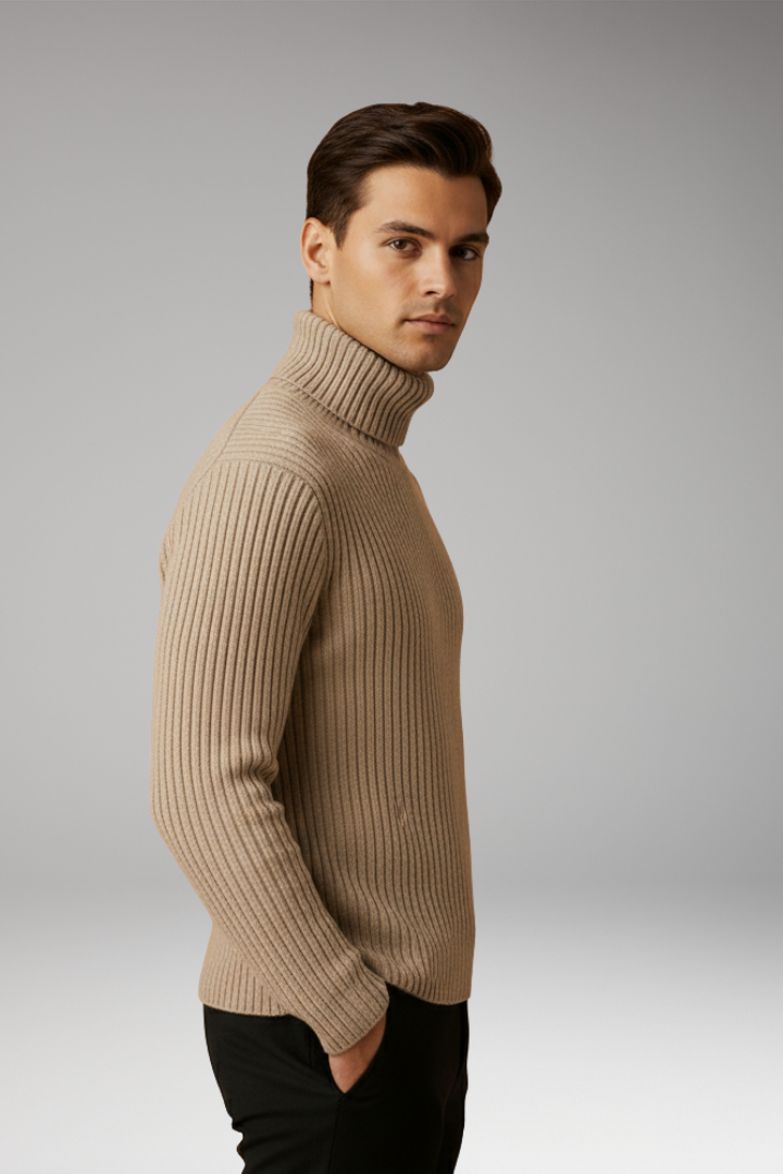 Men’s Turtleneck Jumper with Ribbed Knit and Structured Collar
