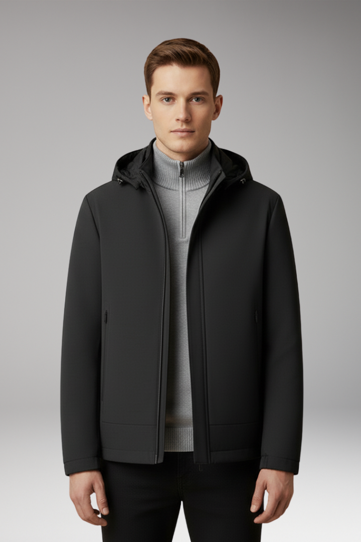 Men’s Windproof Jacket with Hood and Zippered Pockets