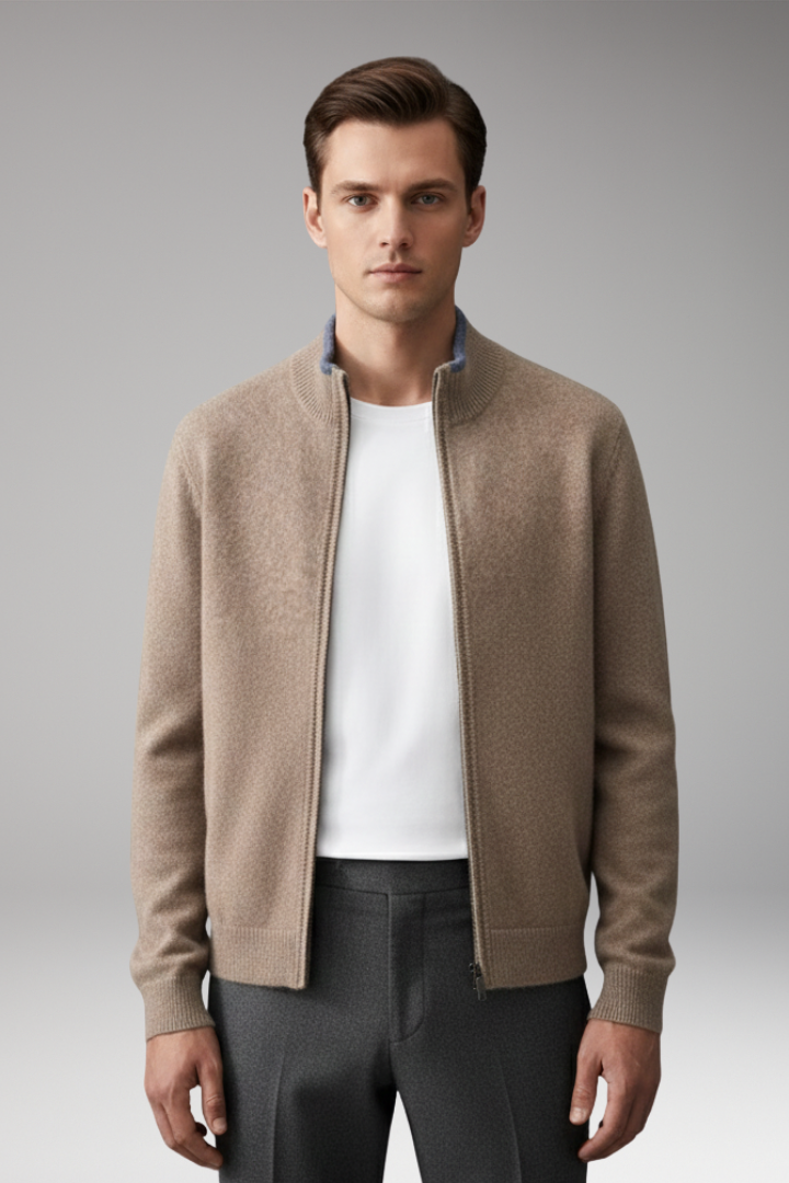 Men’s Zip Cardigan with High Neck and Ribbed Texture