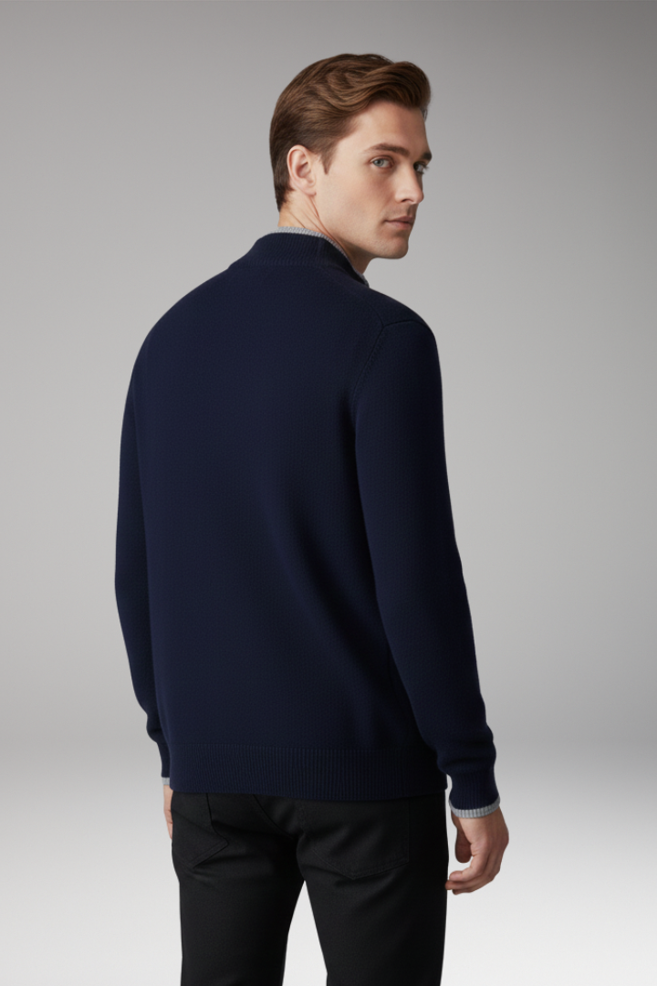 Men’s Zip Cardigan with High Neck and Ribbed Texture