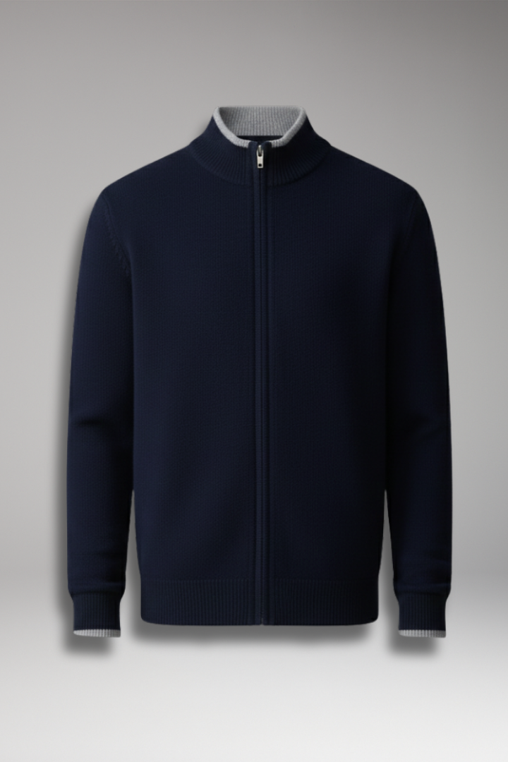 Men’s Zip Cardigan with High Neck and Ribbed Texture