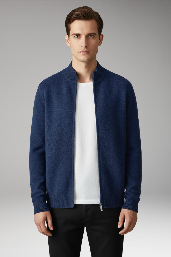 Men’s Zip Cardigan with Stand Collar and Knit Surface