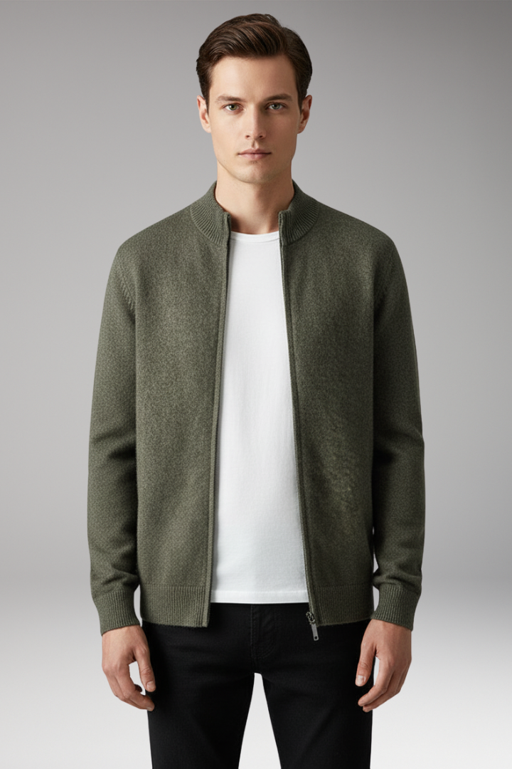 Men’s Zip Cardigan with Stand Collar and Knit Surface