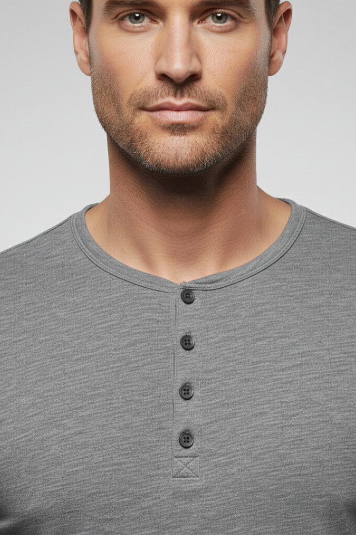 Men's Henley Shirt with Button Placket and Long Sleeves