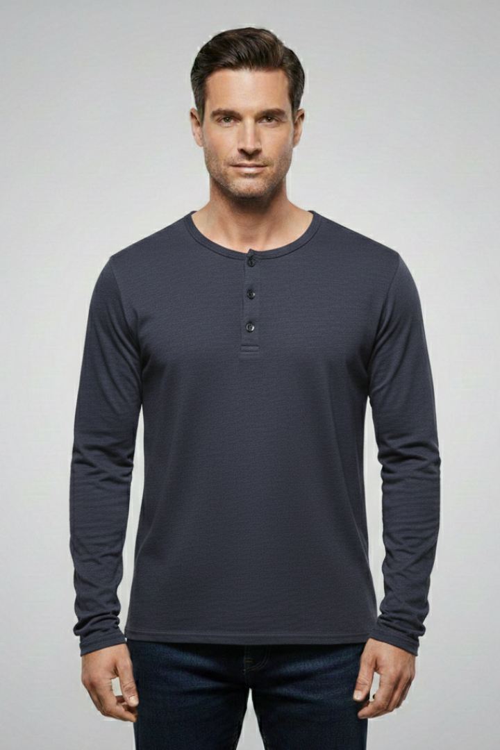 Men's Henley Shirt with Button Placket and Long Sleeves