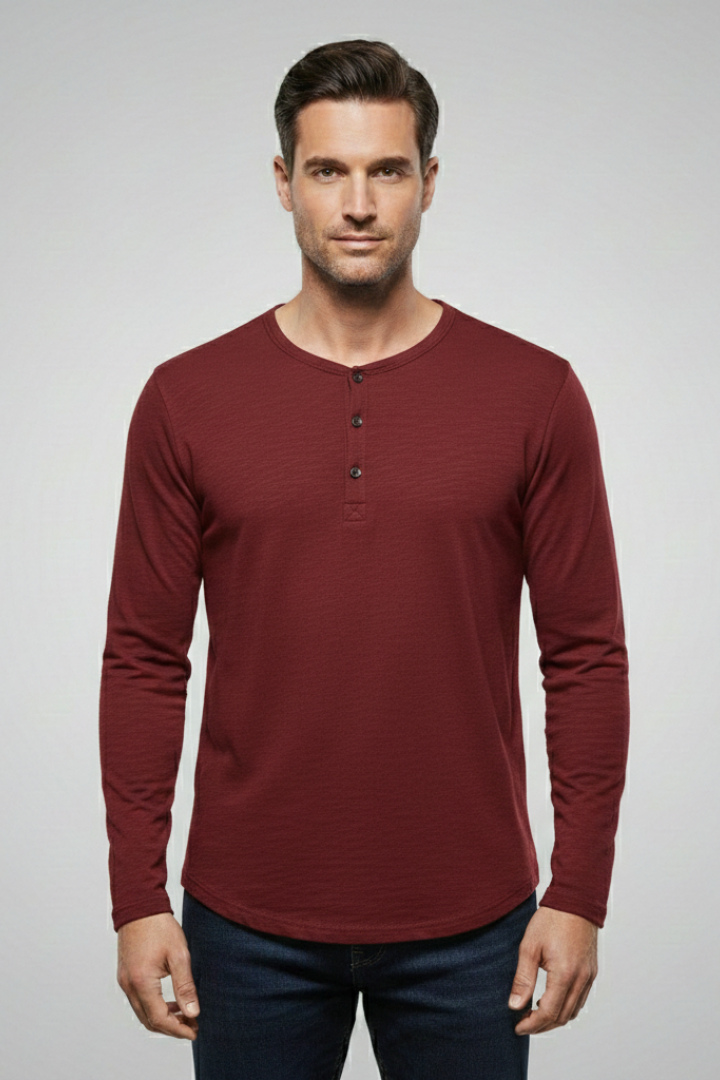 Men's Henley Shirt with Button Placket and Long Sleeves