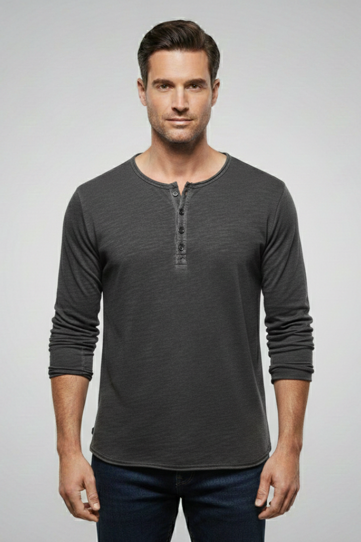 Men's Henley Shirt with Button Placket and Long Sleeves