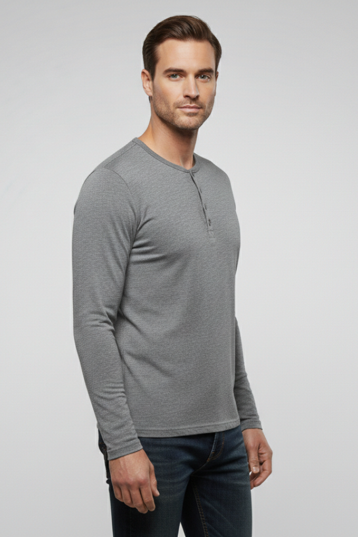 Men's Henley Shirt with Button Placket and Long Sleeves