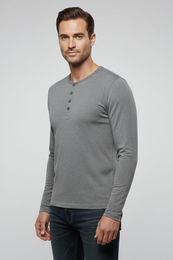 Men's Henley Shirt with Button Placket and Long Sleeves