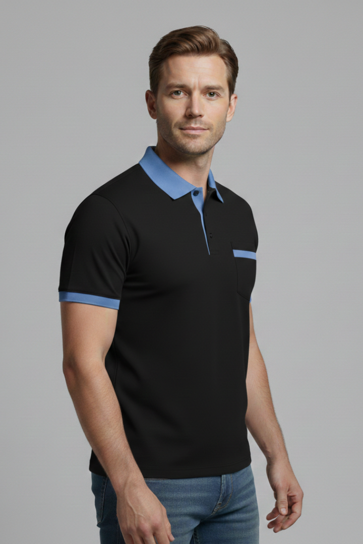 Men's Polo Shirt with Button Fastening and Chest Pocket