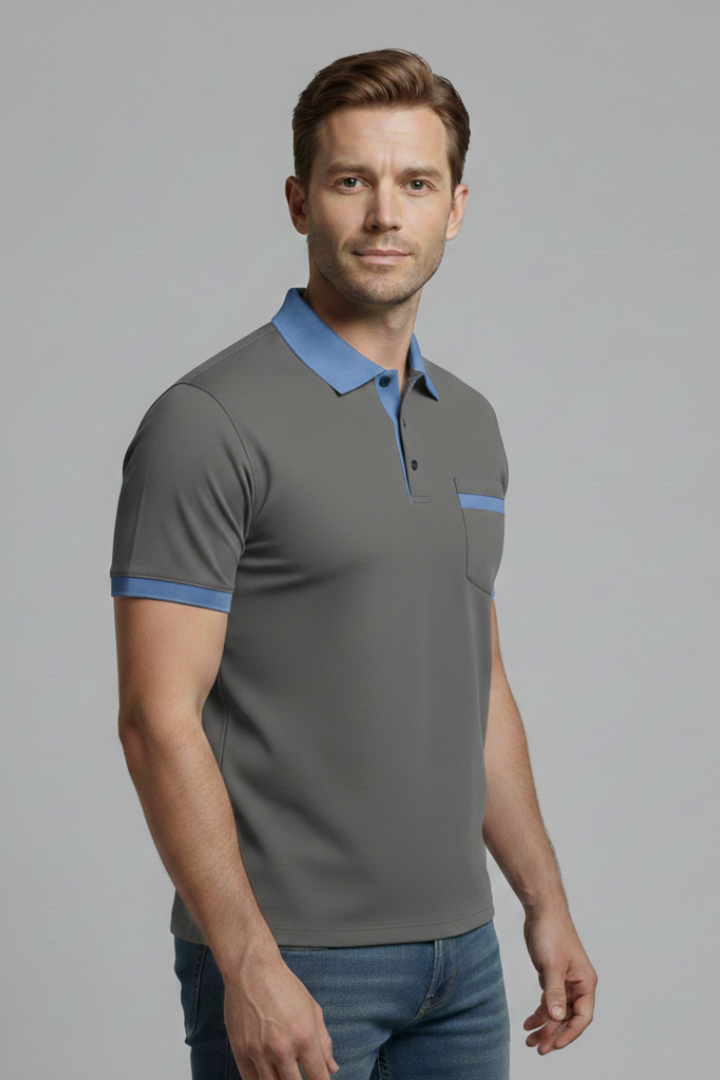 Men's Polo Shirt with Button Fastening and Chest Pocket