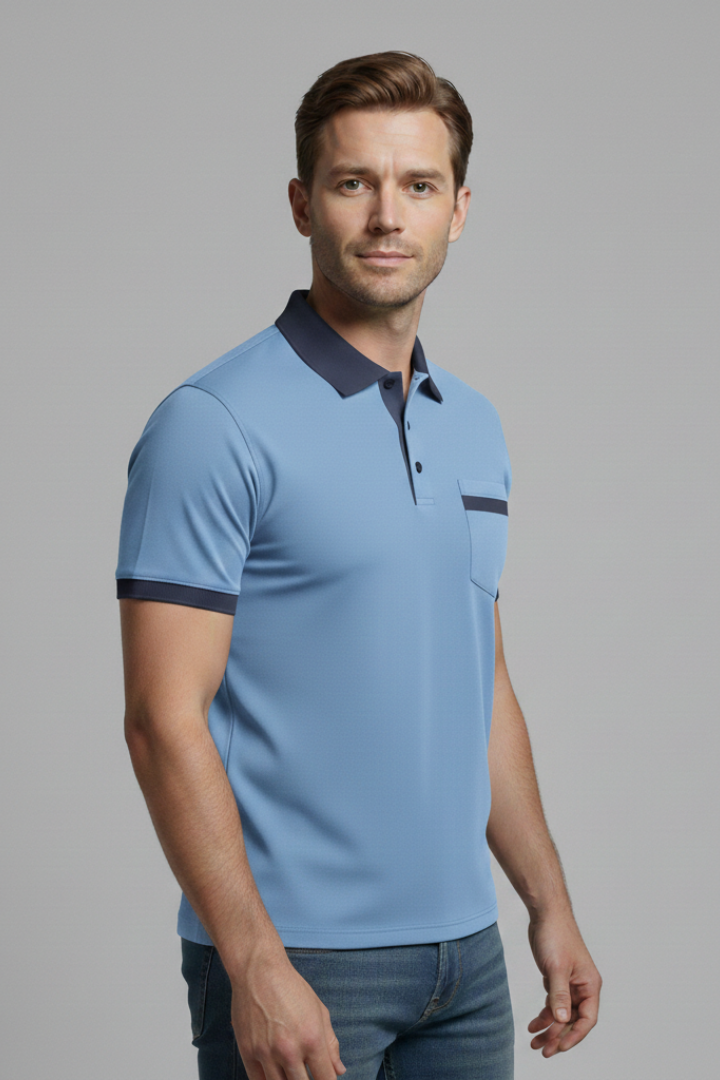 Men's Polo Shirt with Button Fastening and Chest Pocket