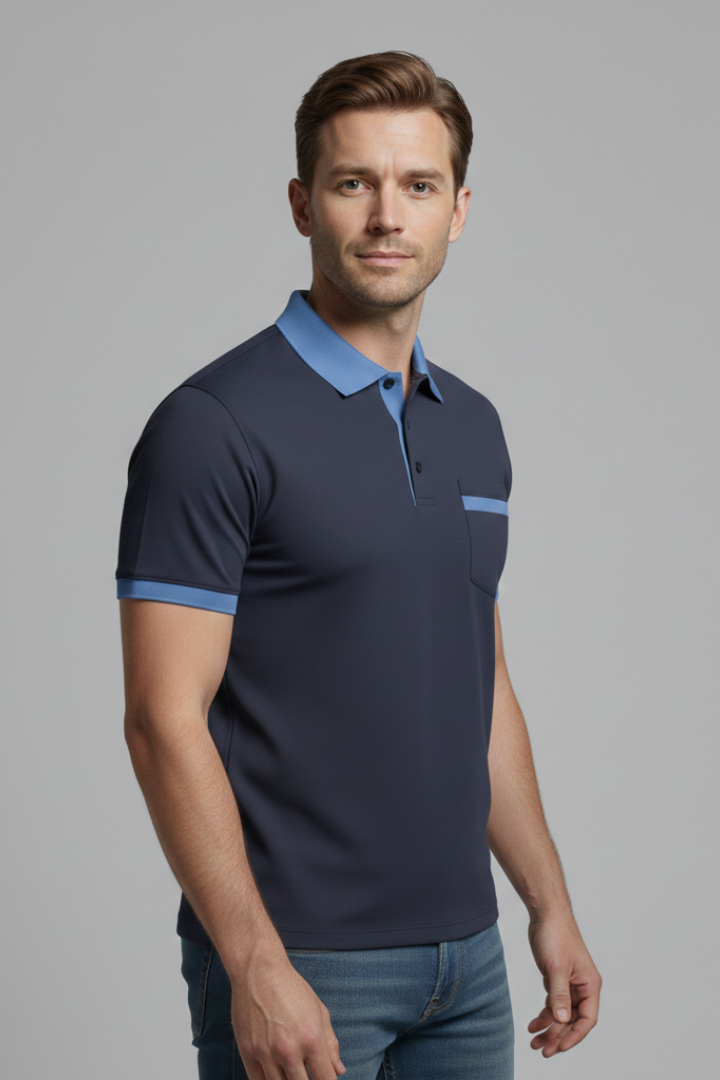 Men's Polo Shirt with Button Fastening and Chest Pocket