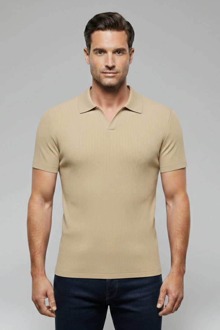 Men's Polo Shirt with V-Neck and Waffle Texture