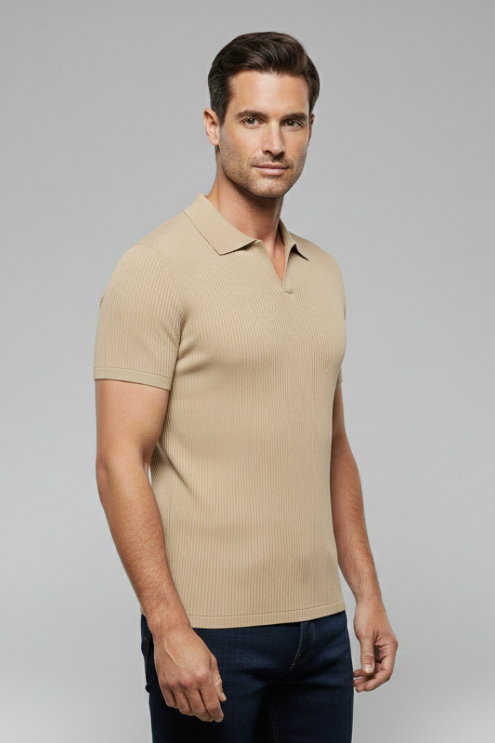 Men's Polo Shirt with V-Neck and Waffle Texture